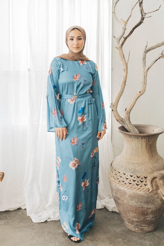 maxi dresses with bold patterns -Kendall Satin Floral Dress- Blue Gray