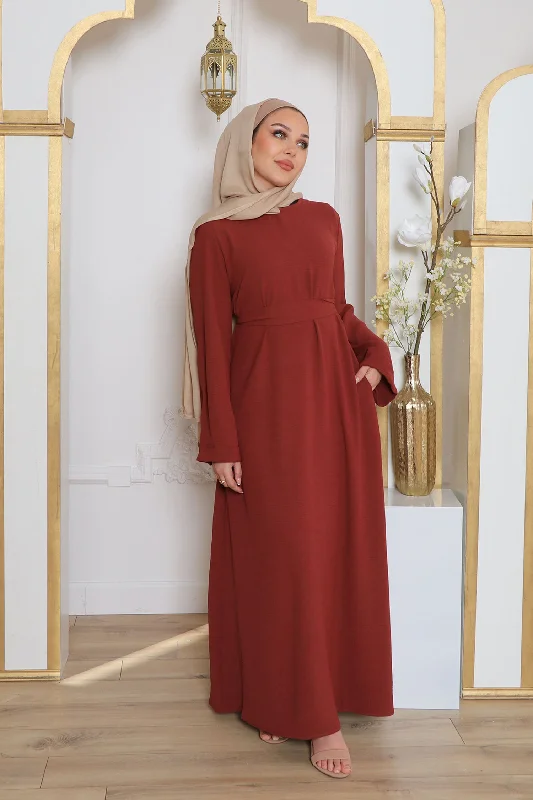 boho maxi dresses for club -Nila Textured Essential Abaya- Burnt Sienna