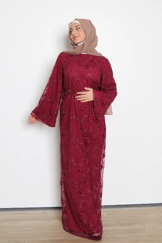 maxi dresses with floral design -Inara Embroidery Dress- Mahogany