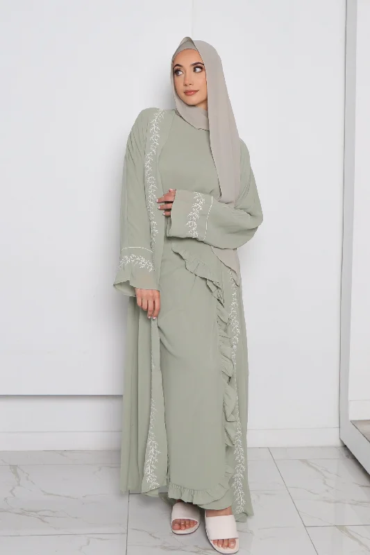 affordable maxi dresses for summer -Dina Embroidery Abaya Set- Sage