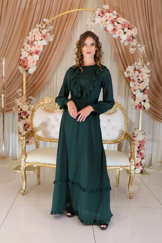 casual maxi dresses for summer -Valerie Chiffon Ruffle Dress- Dark Green