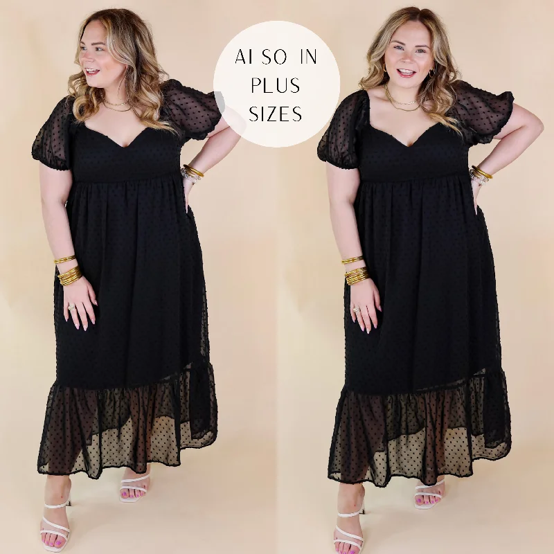 purple maxi dresses for special -Love And Beyond Swiss Dot Short Sleeve Midi Dress in Black