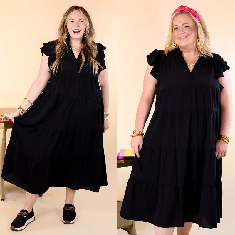 vintage maxi dresses for women -All Of A Sudden Tiered Midi Dress with Ruffle Cap Sleeves in Black