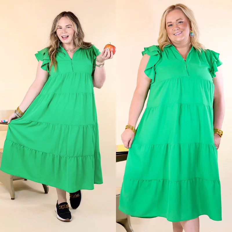 maxi dresses for date night -All Of A Sudden Tiered Midi Dress with Ruffle Cap Sleeves in Green