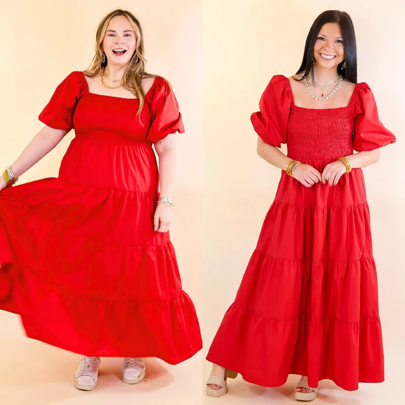 casual maxi dresses for teens -Santorini Sunshine Short Balloon Sleeve Maxi Dress in Red