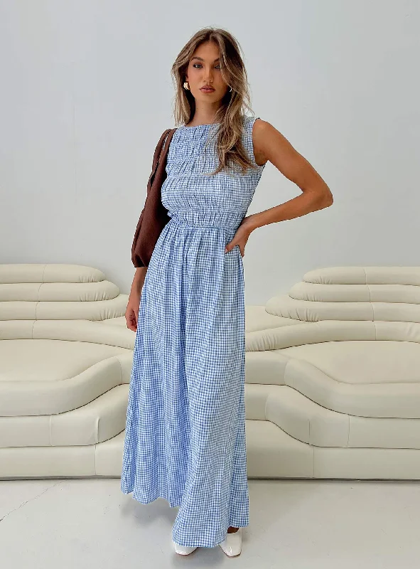 cute maxi dresses for summer -Fables Shirred Maxi Dress Blue Gingham