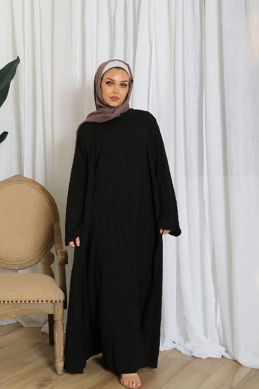 casual maxi dresses for teens -Safa Textured Abaya Set- Black