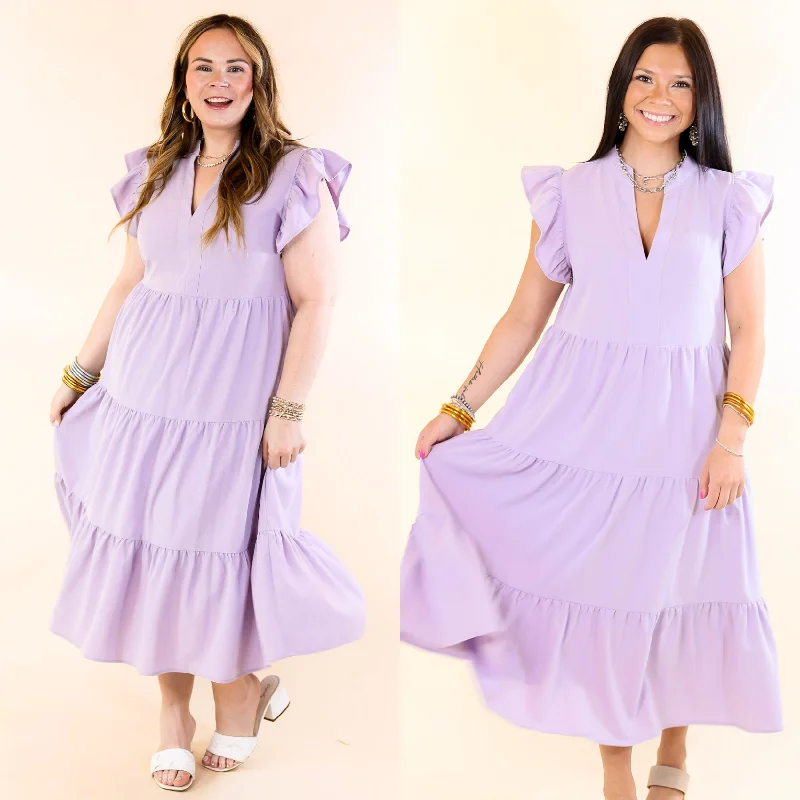 elegant maxi dresses for date -Magnolia Morning Ruffle Cap Sleeve Tiered Midi Dress in Lavender Purple