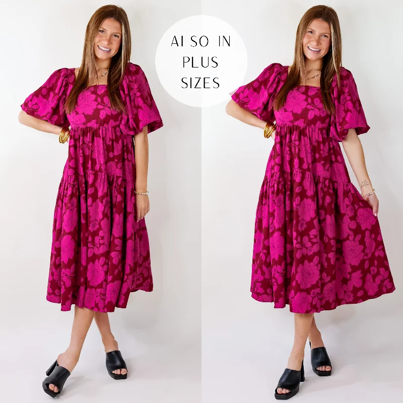 green maxi dresses for women -Floral Fascination Tiered Midi Dress In Brick Red and Pink