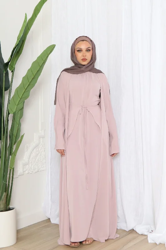 maxi dresses with bold patterns -Aurora Tie Abaya Set- Rose Pink