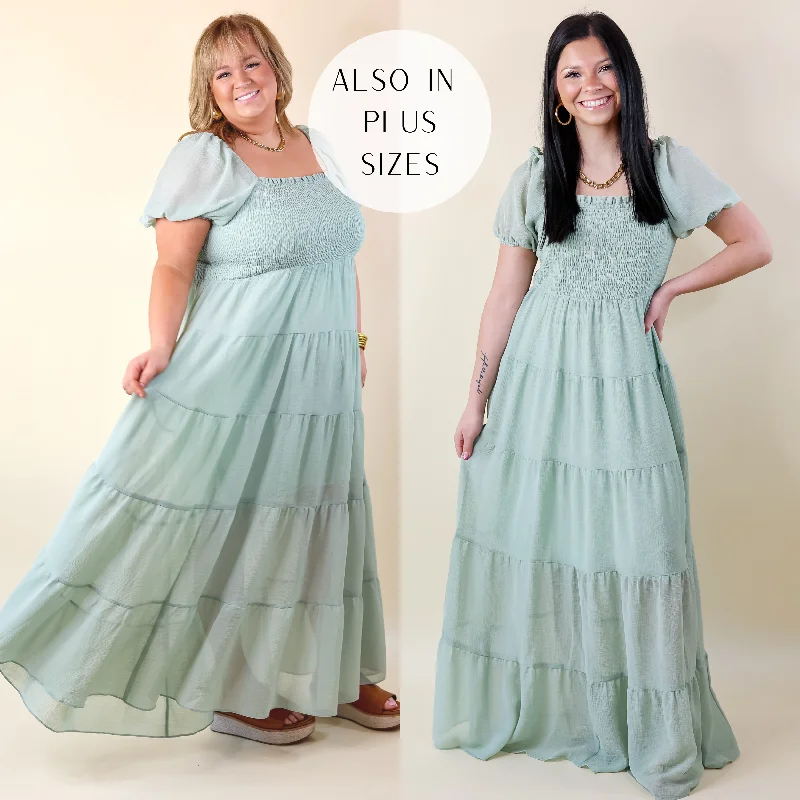 red maxi dresses for women -Honeysuckle Love Tiered Maxi Dress with Smocked Bodice in Sage Green