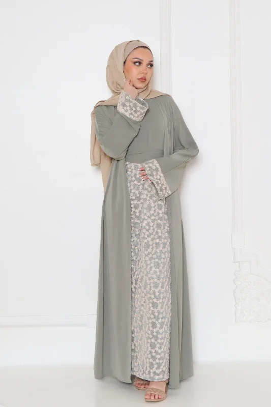 floral maxi dresses for summer -Azra Embroidery Abaya Set- Dusty Olive