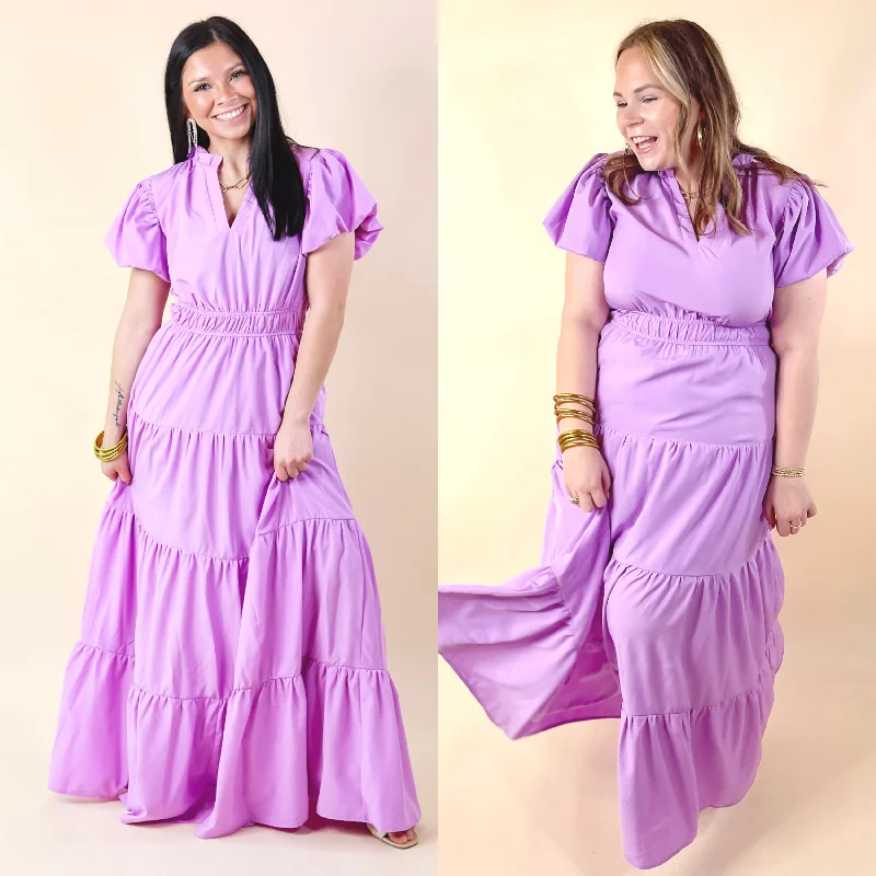 affordable maxi dresses for teens -Table for Two Tiered Maxi Dress with Puff Sleeves in Lavender Purple