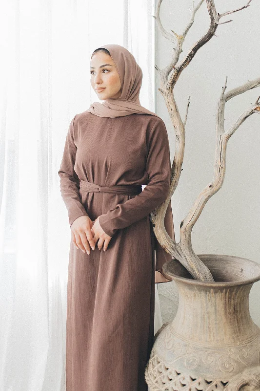 affordable maxi dresses for travel -Irene Textured Sheath Dress- Mocha