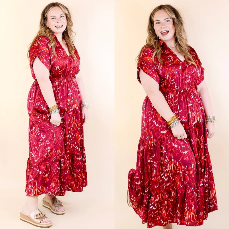 chic maxi dresses for women -Burnin' Up Multicolor Abstract Midi Dress in Wine Red