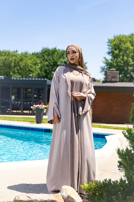 casual maxi dresses for date -Nawra Reversible Abaya Set -  Beige / Mink