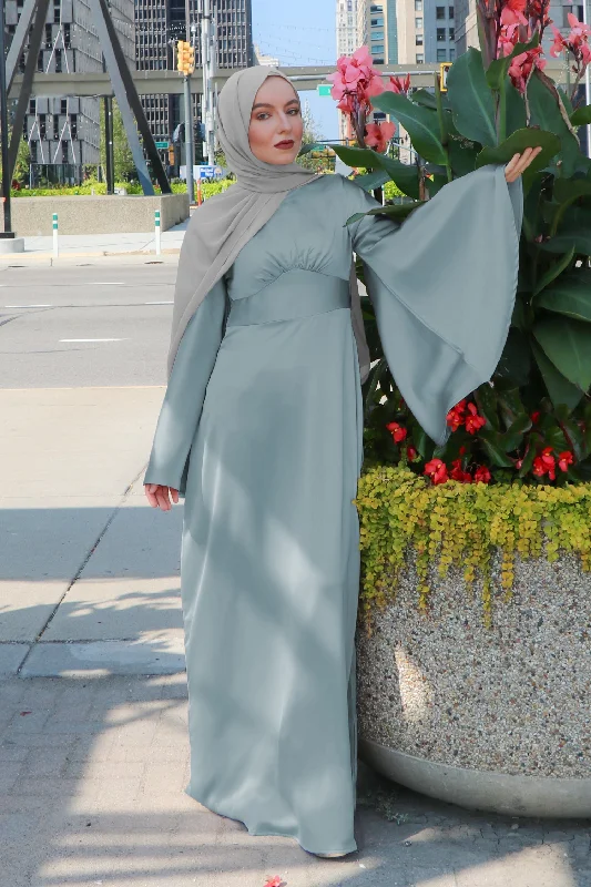 maxi dresses with bold prints -LaMeera Drape Sleeves Satin Dress - Mint Gray