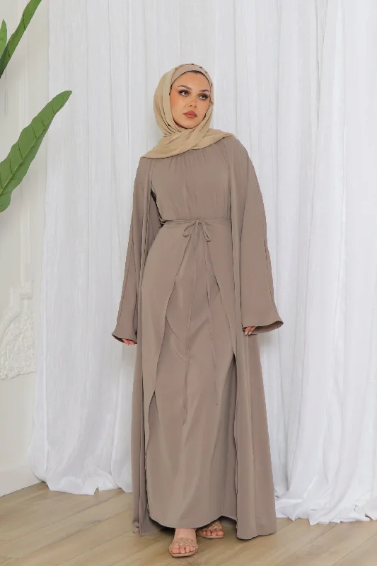 affordable maxi dresses for club -Aurora Tie Abaya Set- Taupe