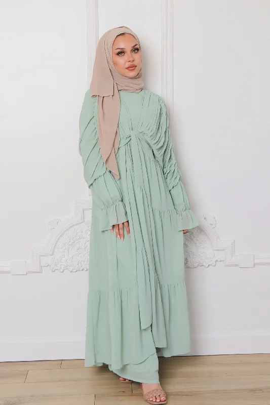 boho maxi dresses for women -Saleema Chiffon Open Abaya - Light Sage