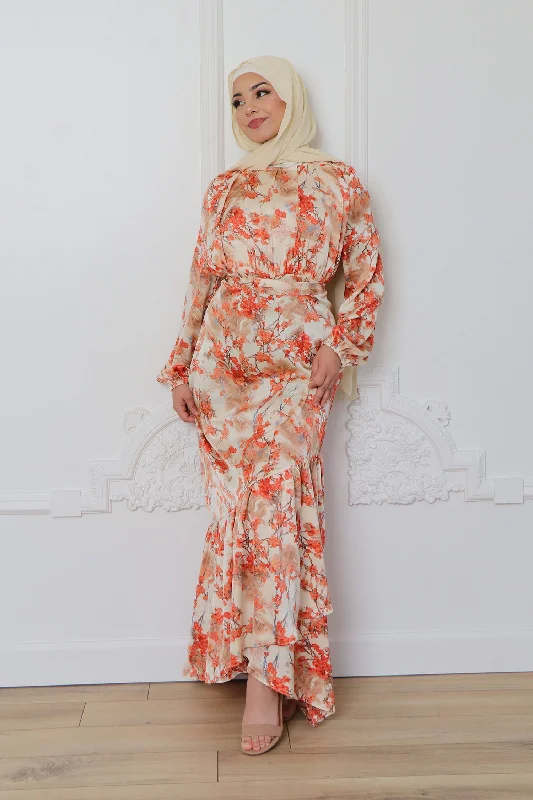 maxi dresses with chic ruffles -Thalia Satin Floral Chiffon Maxi Dress- Muted Peach