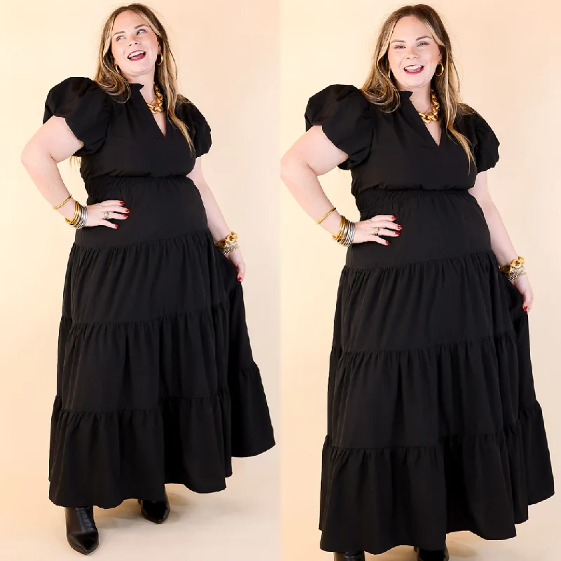 cute maxi dresses for nightlife -Table for Two Tiered Maxi Dress with Puff Sleeves in Black