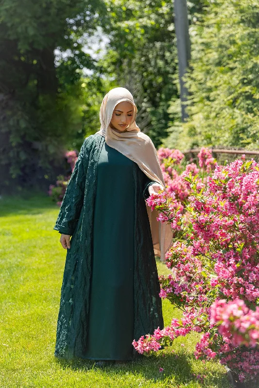 casual maxi dresses for teens -Safa Organza Abaya Set - Dark Green