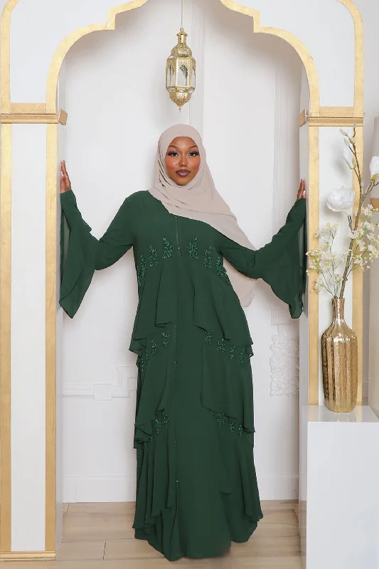 maxi dresses with chic ruffles -Mouna Chiffon Layered Abaya - Emerald