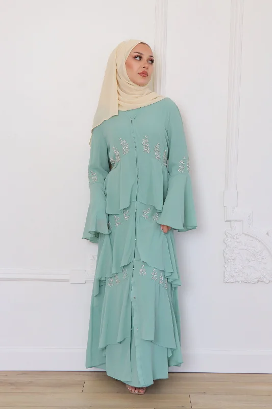 black maxi dresses for events -Mouna Chiffon Layered Abaya - Mint