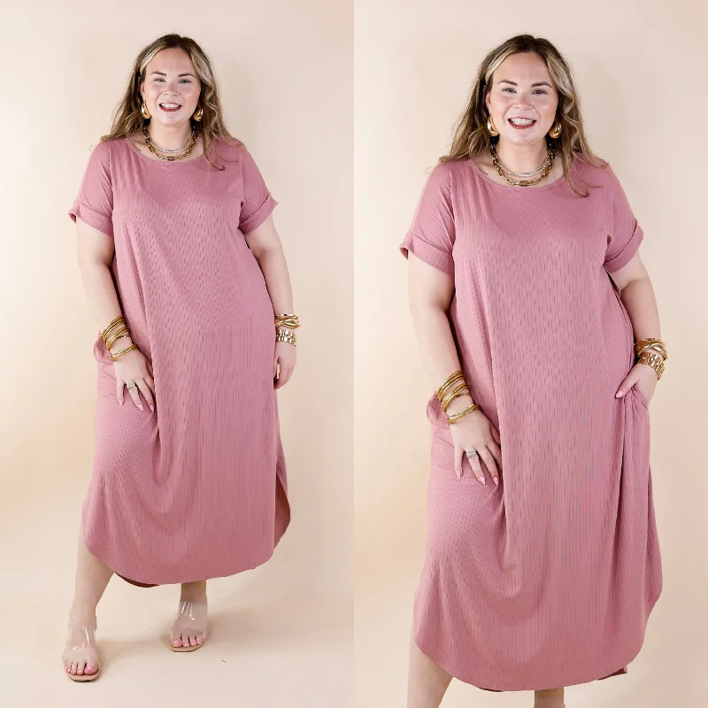 cute maxi dresses for girls -Last Chance Size Small & XL | Chill Looks Short Sleeve Ribbed Midi Dress in Mauve