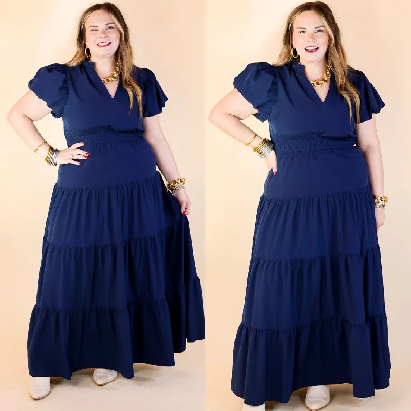 black maxi dresses for teens -Table for Two Tiered Maxi Dress with Puff Sleeves in Navy Blue