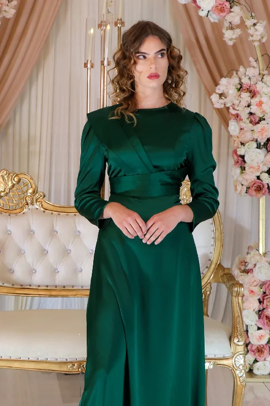 black maxi dresses with slits -Renae Satin Dress- Emerald Green