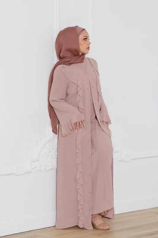 maxi dresses for date night -Lamya Beaded Chiffon Abaya Set- Dusty Rose