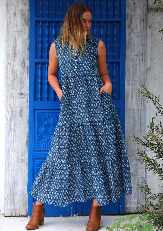 maxi dresses with floral design -Boho Tiered Maxi Dress Bluebell