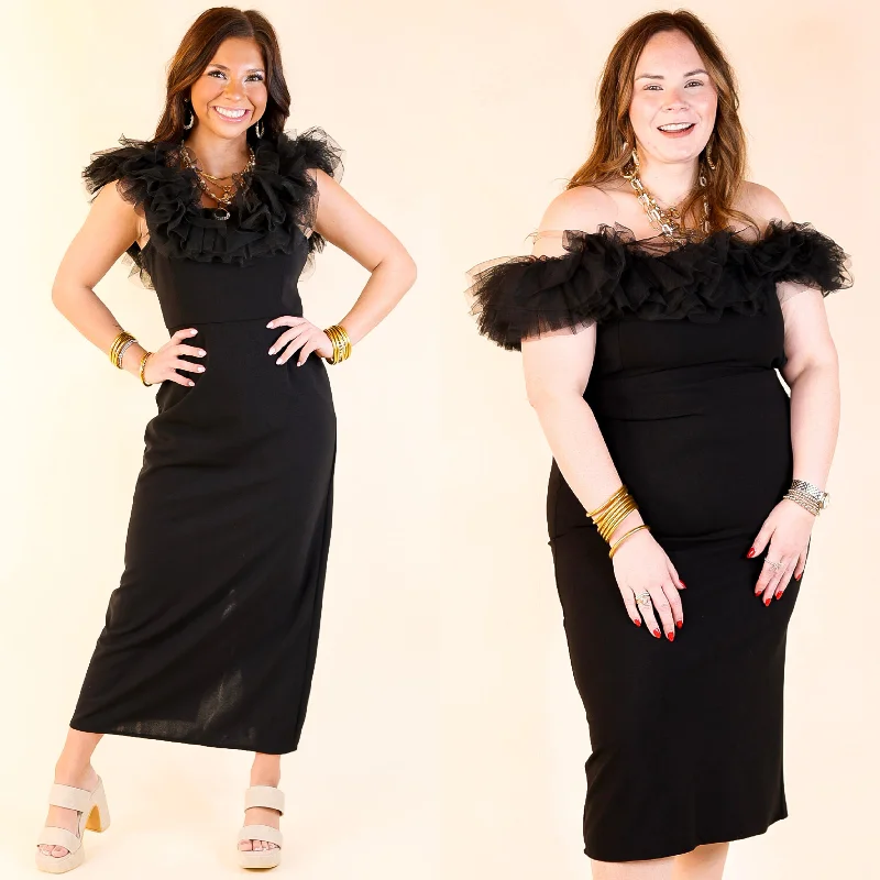 elegant maxi dresses for nightlife -Radiating Confidence Off the Shoulder Tulle Dress in Black