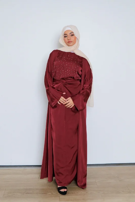 casual maxi dresses for teens -Celene Beaded Wrap Abaya Set- Burnt Sienna