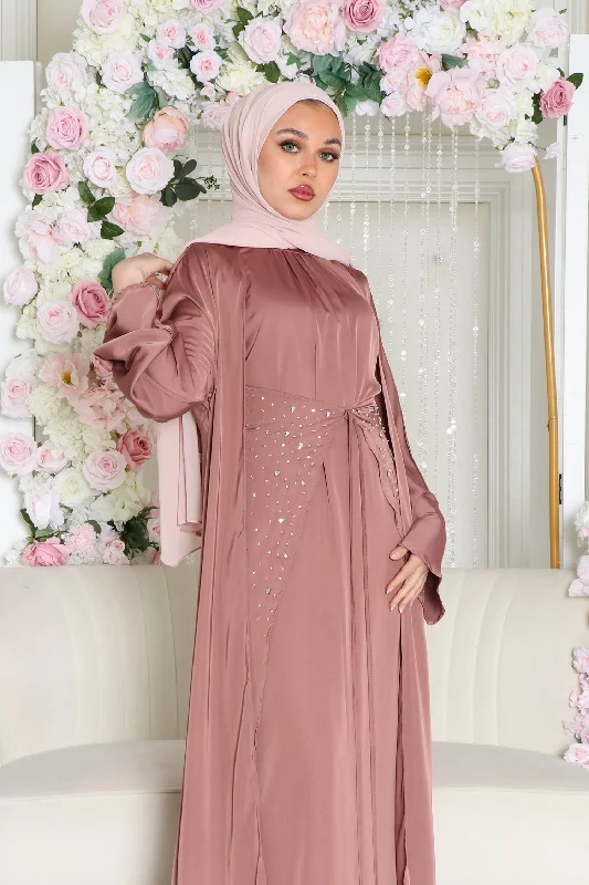 maxi dresses with floral lace -Aurora Beaded Tie Abaya Set- Nude Pink