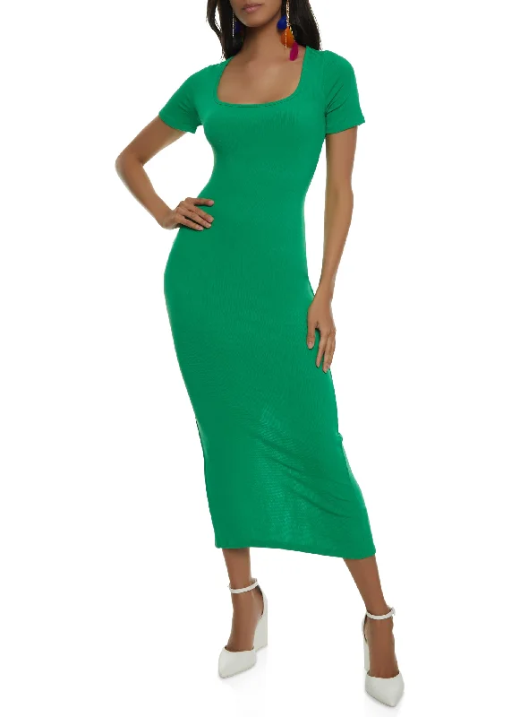 affordable maxi dresses for summer -Ribbed Knit Square Neck Maxi Dress