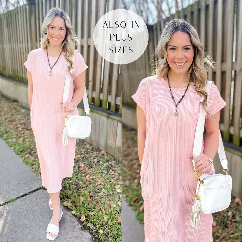 cute maxi dresses for events -The More You Know Short Sleeve Ribbed Midi Dress in Pink