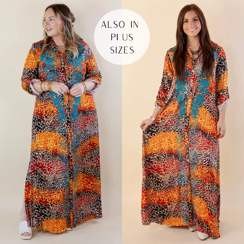 flowy maxi dresses for summer -I'm All That Long Multi Color Leopard Button Up Maxi Dress with Turquoise Floral Print Embroidery