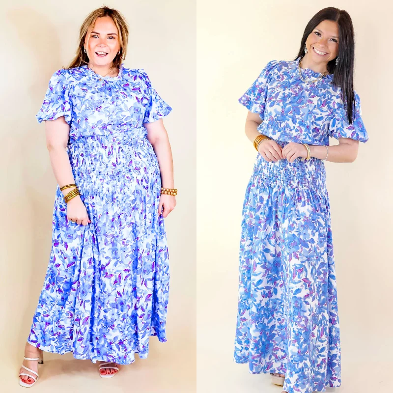 cute maxi dresses for summer -Moonlit Bay Floral High Neck Maxi dress with Smocked Waistline in Blue