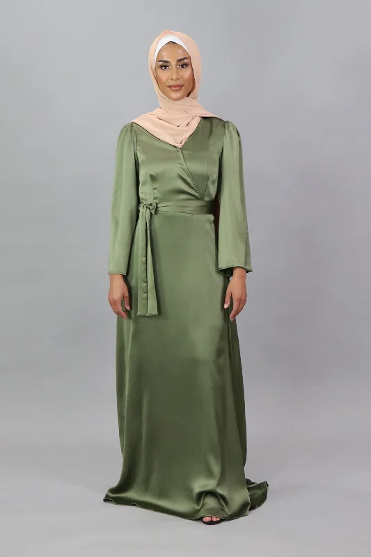 trendy maxi dresses for summer -LaMeera V-Neck Satin Dress - Sage Green