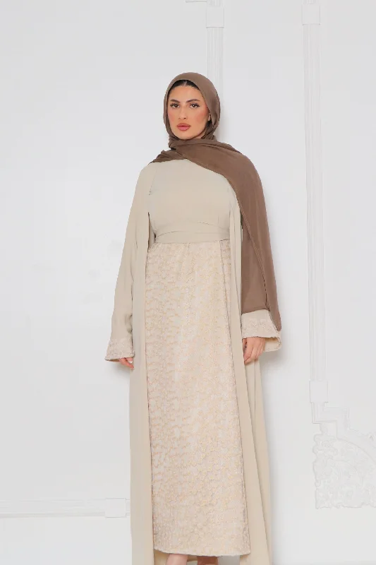 trendy maxi dresses for summer -Azra Embroidery Abaya Set- Sand