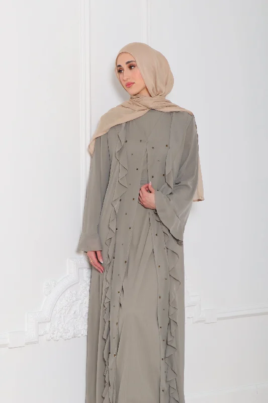 chic maxi dresses for summer -Lamya Beaded Chiffon Abaya Set- Desert Sage