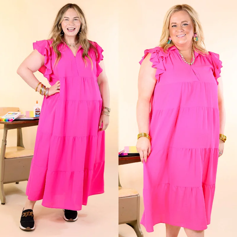 cheap maxi dresses for students -All Of A Sudden Tiered Midi Dress with Ruffle Cap Sleeves in Hot Pink