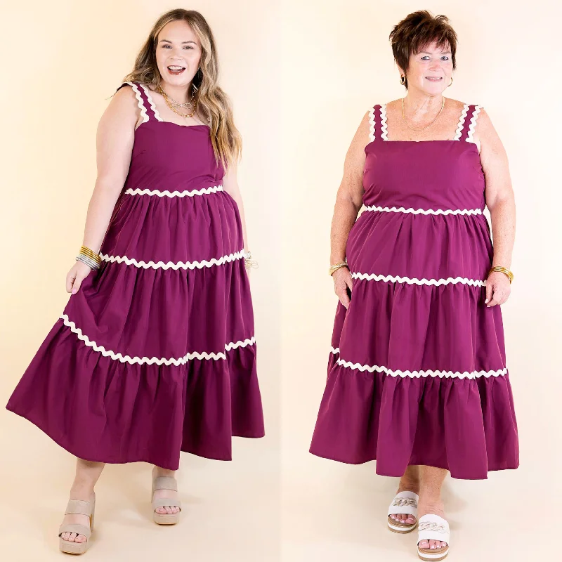 elegant maxi dresses for summer -Timeless Twirl Midi Dress with Rickrack Detailing in Plum Maroon