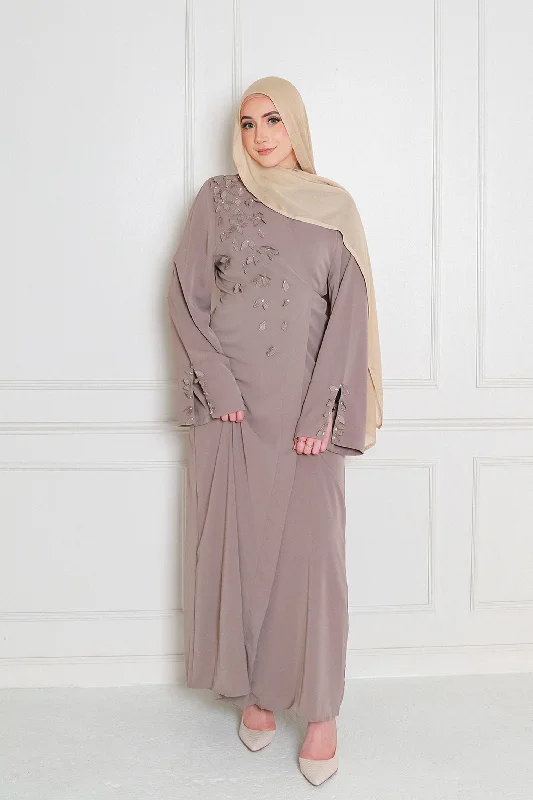 cute maxi dresses for summer -Lilian Embroidery Abaya Set- Taupe