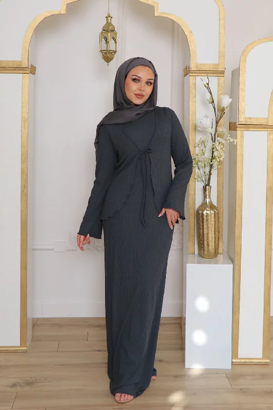 cute maxi dresses for club -Lina Ribbed Maxi Set- Gray