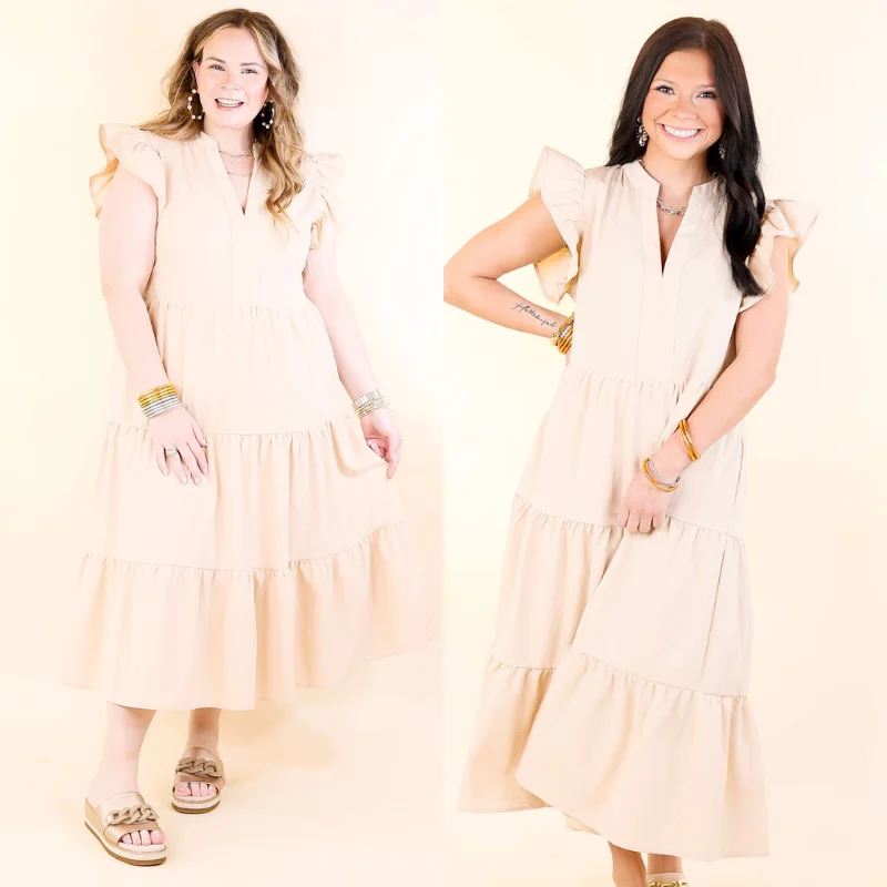 elegant maxi dresses for nightlife -Magnolia Morning Ruffle Cap Sleeve Tiered Midi Dress in Cream