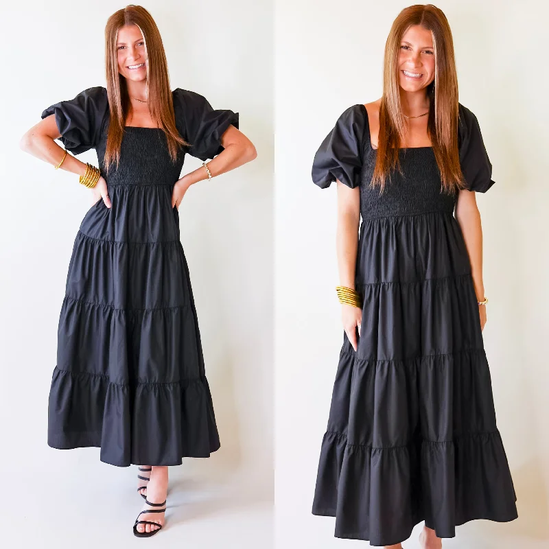 polka dot maxi dresses trendy -Santorini Sunshine Short Balloon Sleeve Maxi Dress in Black