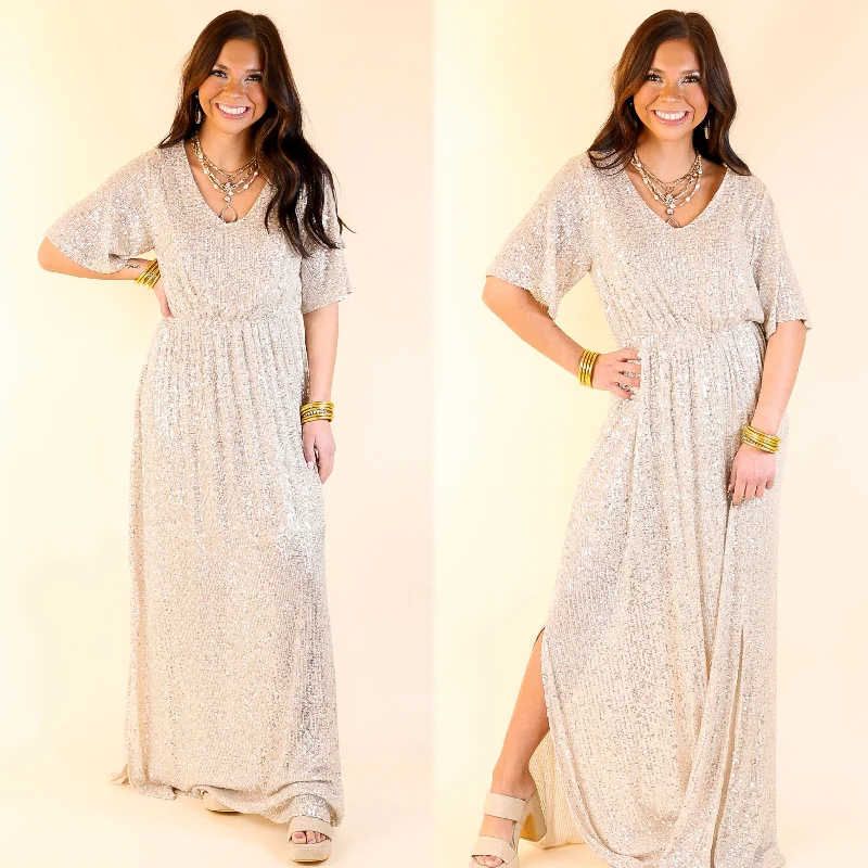 elegant maxi dresses for women -Sparkle In The City Short Sleeve Sequin Maxi Dress in Champagne